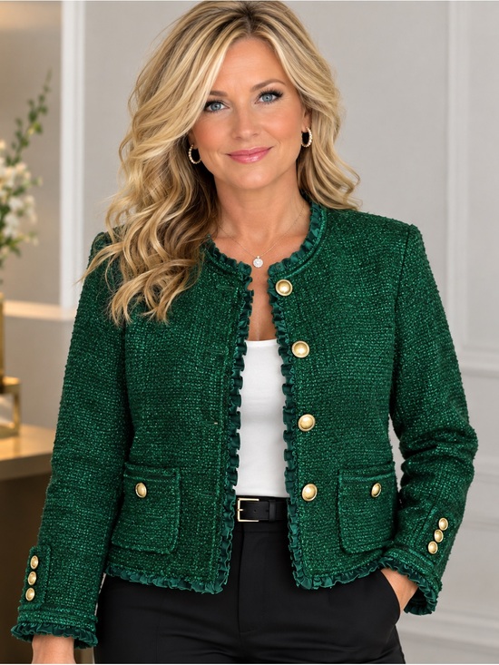 Joan Rivers Jackets & Blazers - Joan Rivers Green Tweed Chain-Trim Button Jacket